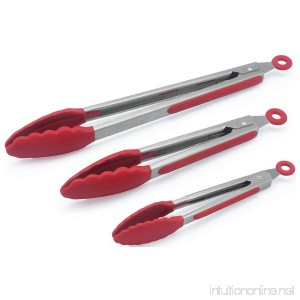 Ollis Premium Tongs Set 12 9 7 Heavy Duty Stainless Steel Kitchen Tongs BBQ Tong Cooking Salad Tongs with Silicone Non-stick Set of 3 Red - B01GG88NIK